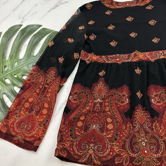 INC Womens Vintage Y2k Babydoll Top Size L Black Orange Paisley Mesh Sheer Trim - Picture 10 of 11